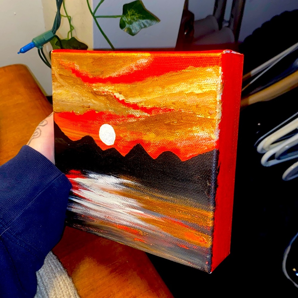 Orange sunset Mountain painting